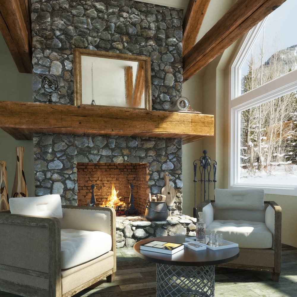 Luxurious open floor cabin interior. (electric fireplace)